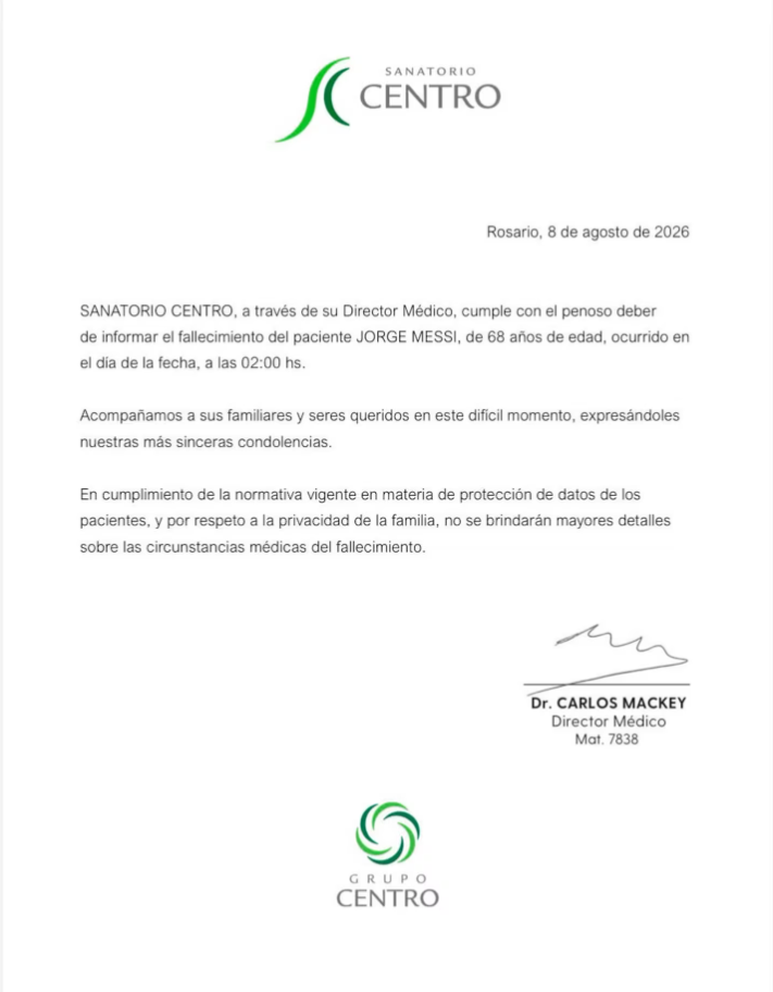 Muerte de Jorge Messi: La clínica donde estaba internado difundió un comunicado 2